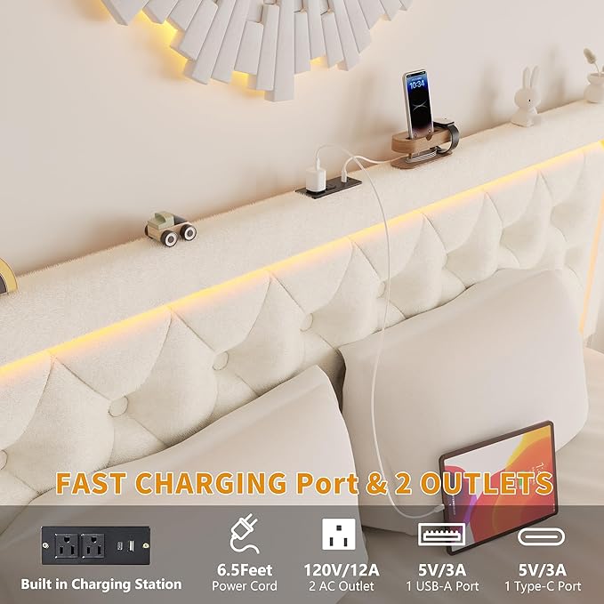 Full Bed Frame with 4 Storage Drawers, Velvet Upholstered Bed Frame Full Size with Charging Station and LED Lights, 46" Adjustable Button Tufted Headboard, No Box Spring Needed, Beige