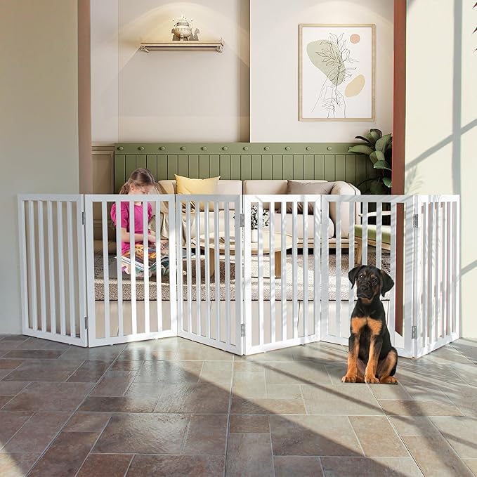 ZJSF Freestanding Indoor Dog Gate for House Foldable Wood White Puppy Gate for Doorways Pet Gate for Stairs Extra Wide Pet Fence 32" Height 6 Panels