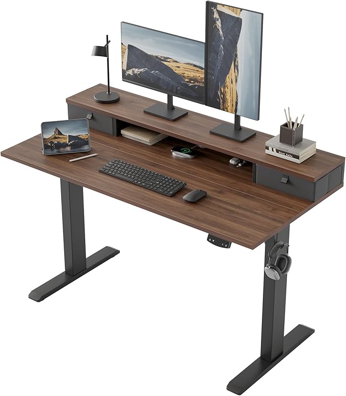 Klicelor 48 Inch Electric Standing Desk with Drawers, Adjustable Height Small Sit Stand Desk for Home Office, Compact Computer Workstation with Storage– Dark Walnut