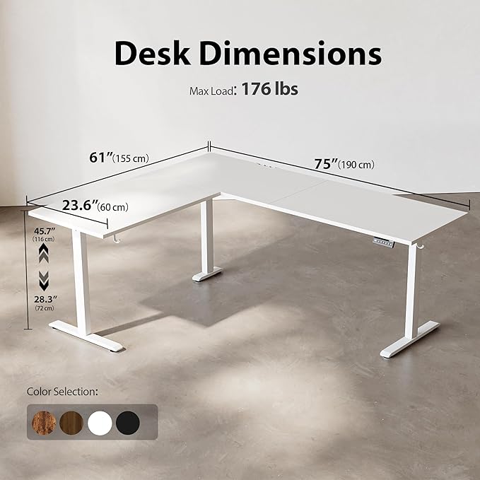 Agilestic L-Shaped Standing Desk Adjustable Height, Electric Corner Standing Desk, Sit Stand Up, 75x61 inch Sit Stand Computer Table, White