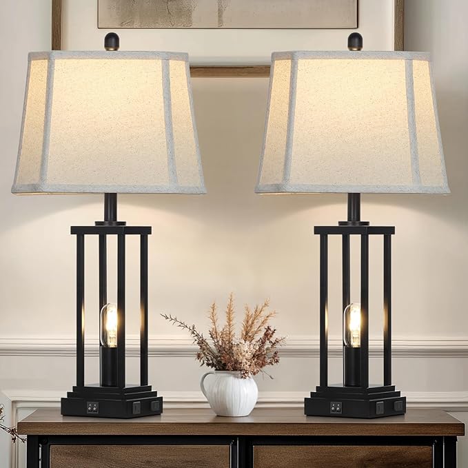27" Tall Farmhouse Table Lamps with Bell Lampshade, Black Industrial Living Room Lamps Set of 2 with Night Light, Rustic Bedside Lamp with USB C+A Port & AC Outlet, Vintage Bedroom Lamp for Nightstand