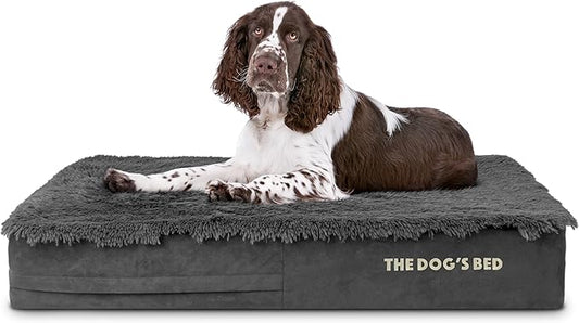 The Dog’s Bed Orthopedic Memory Foam Dog Bed, Large Grey Fur 40x25, Pain Relief for Arthritis, Hip & Elbow Dysplasia, Post Surgery, Lameness, Supportive, Calming, Waterproof Cover
