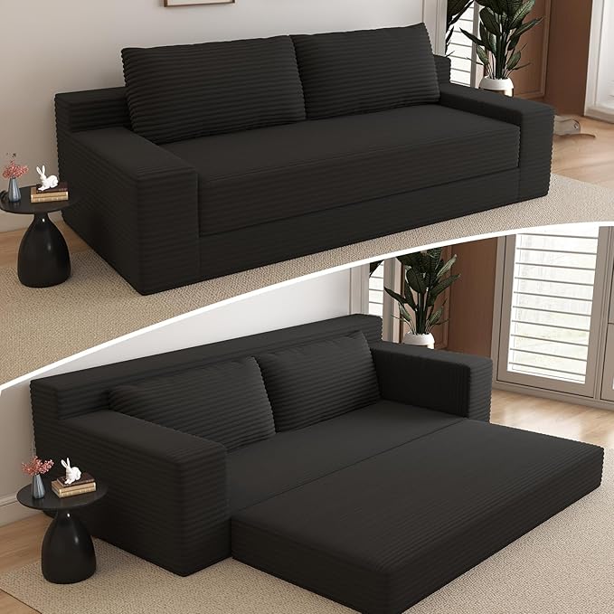 Cloud Loveseat Sofa, Modern Corduroy 2-Seater Couch with Deep Seat, No Assembly Required Memory Foam Sofa, Boneless Sofa in a Box for Bedroom, Apartment, Office,Small Space (Black,70.87in)