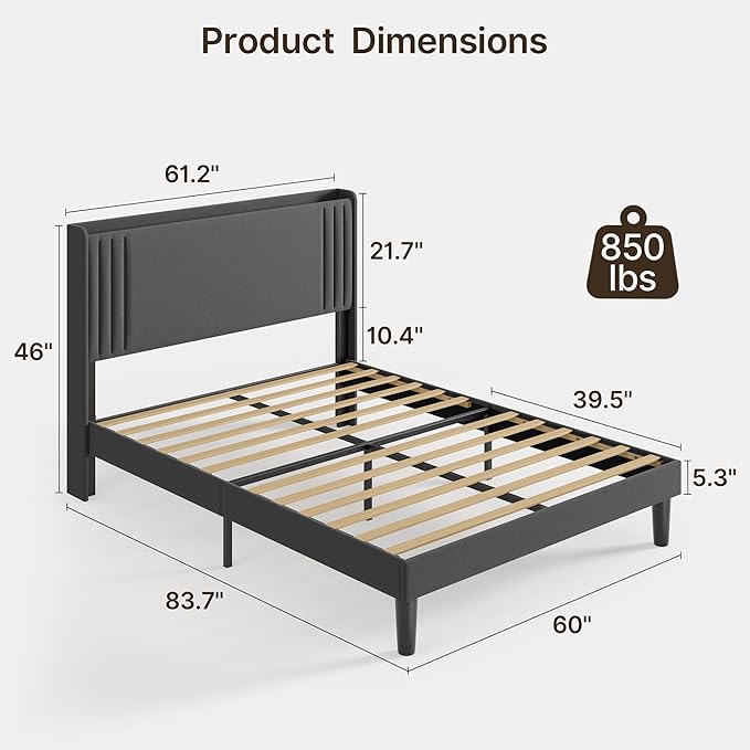 Gizoon Queen Bed Frame with Charging Station and LED Lights,Upholstered Wingback Platform Bed with Wooden Slats,Noise-Free,No Box Spring Needed