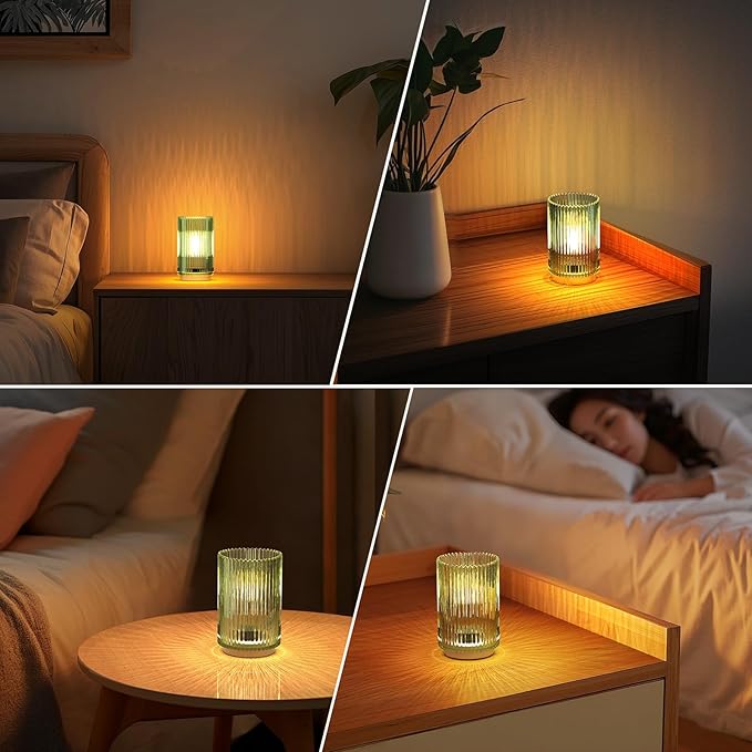 Battery Operated Lamp, Cordless Table Lamp with Timer, Desk Bedside Lamps with LED Warm Light, Glass Small Table Lamp for Bedroom, Bathroom, Living Room, Home Decor - Green