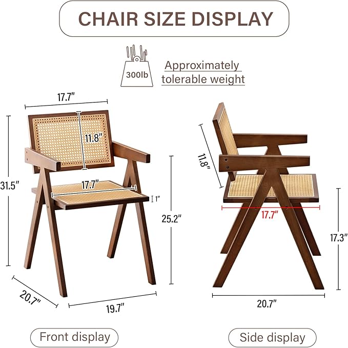 Tiita Rattan Dining Chairs Set of 2, Mid Century Modern Armchairs, Wooden Kitchen Chairs for Dining Room, Living Room, Walnut