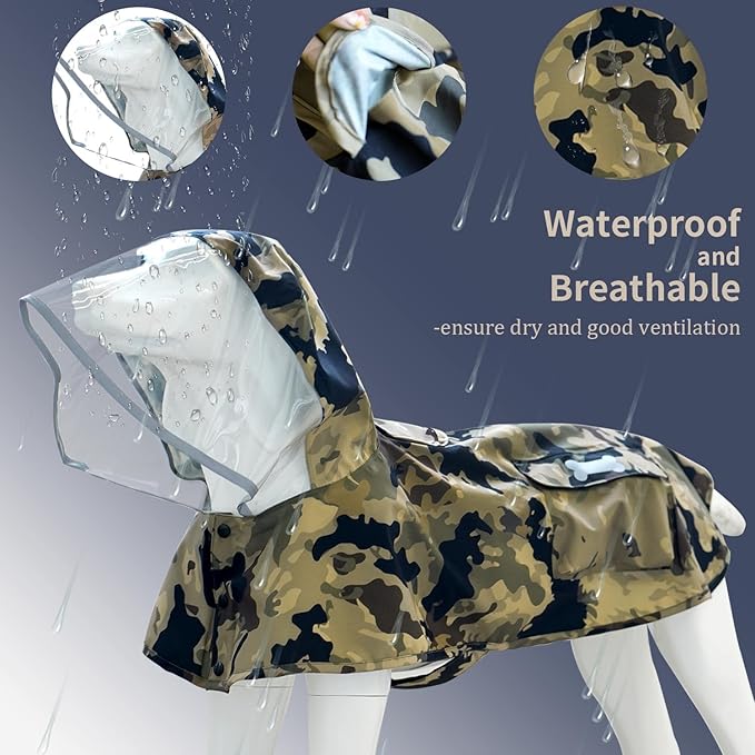 Waterproof Dog Raincoat, Adjustable Reflective Lightweight Pet Rain Clothes with Poncho Hood(X-Large,Camo)