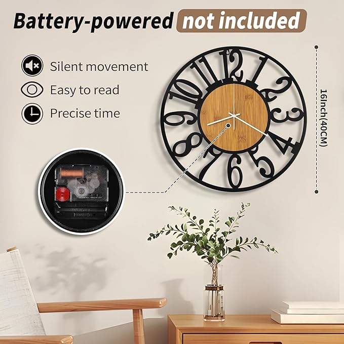 Maxstar Wall Clock Battery Operated,Silent Non-Ticking Modern Rustic Metal Round Clocks Small for Living Room/Bedroom/Office/Kitchen/Farmhouse Home Decor-16 Inch(Yellow-Wood)