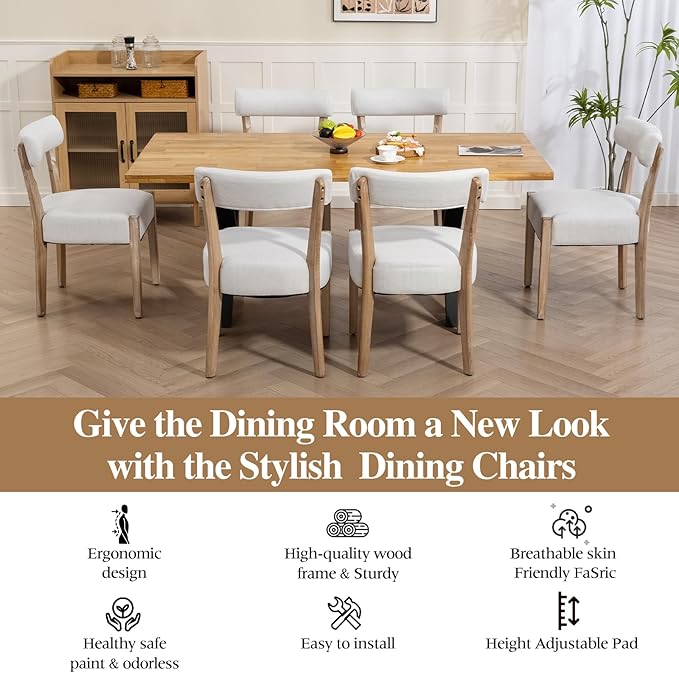 Dining Chairs,4 Pack Mid-Century Modern Wooden Kitchen Chairs with Linen Upholstery - Low-Back Woven Design for Kitchen & Dining Room,Beige Fabric