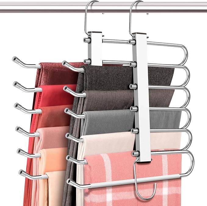 4 Pack 6-Tier Space Saving White Pant Hangers, Anti-Slip, Lightweight, Stainless Steel, Ideal for Closet Organization, Free Installation