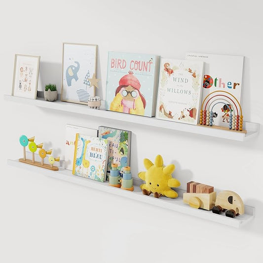 Solid Ash Wood Picture Ledge Shelf, Wood Floating Shelves Set of 2, 48 Inch Long Large Photo Ledge Shelves, Nursery Book Shelves Wall Mounted for Living Room Kids' Bedroom Decor, White
