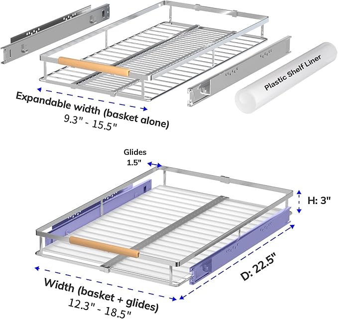 Pull Out Drawer Cabinet Organizer, Expandable Slide Out Storage Shelves - Heavy Duty, Durable and Smooth Slide-Out, 12.3"~18.3" Wide x 22.5" Deep, 1 Pack
