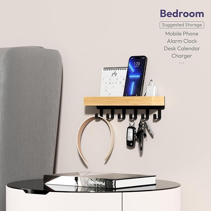 SWTYMIKI Key Holder Wall Mount-Wooden Key Hooks for Wall with Mail Organizer & 6Hooks, 2Installation Ways Key Hanger, Key Rack with Shelf for Entryway Living Room Bedroom Home Decor Wood+Black