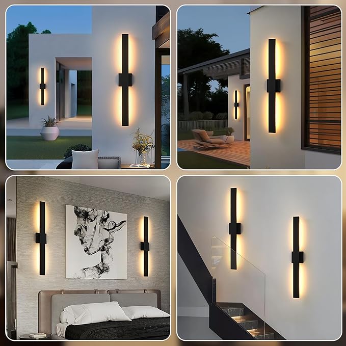 Upgraded 2-Pack 23.6in Black Long Modern LED Outdoor Wall Lights 3000K 4000K 5000K Dimmable Exterior Wall Sconce Outside Light fixtures for House Garage Front Door