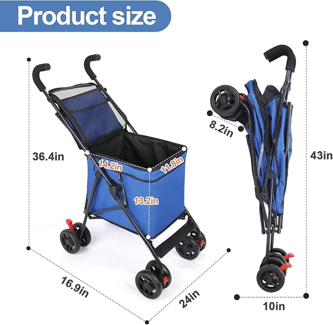 Wedyvko Pet Dog Stroller, 4 Wheel Foldable Cat Dog Stroller with Storage Basket, Handle 360° Front Wheel Rear Wheel with Brake for Small Medium Dogs & Cats (Blue)