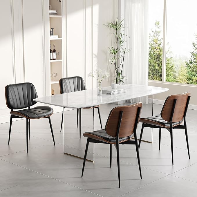 Dining Chairs Set of 6, Mid Century Modern Dining Room Chairs, Upholstered Faux Leather Kitchen Chair with Walnut Bentwood Back and Metal Legs for Kitchen Living Room, Black