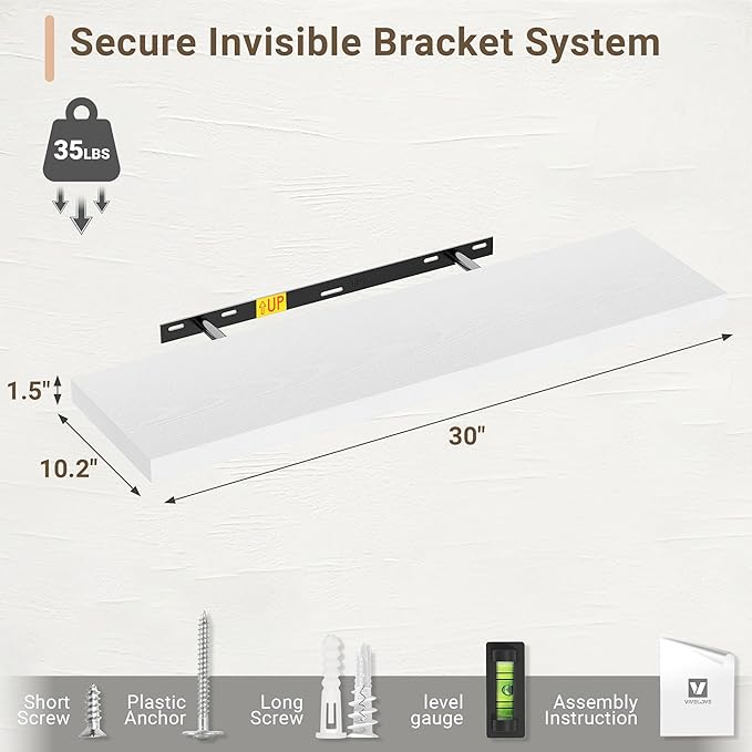 Vivelove 10 in Deep Floating Shelves for Wall, 30" x 10.2" x 1.5" Shelves for Room Wall Mounted, 1.5 Inch Thick Shelf for Bathroom Bedroom Kitchen Book Room, Modern Farmhouse Decor, Set of 2, White