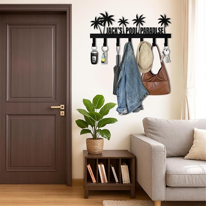 Personalized Key Holder for Wall, Beach Theme Key Holder Wall Mount with Hooks, Coconut Trees Key Hanger Wall Decor for Pool Bathroom Hallway Entryway Office, Customized Home Decor Gifts Color08