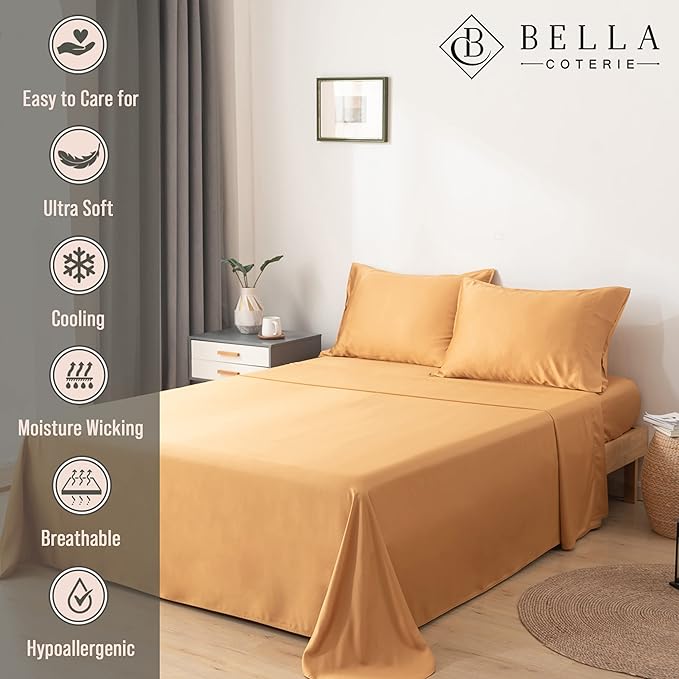 Bella Coterie Luxury Bamboo Viscose Split King Size Sheet Set | 2 Fitted Sheets for Sleep Number & Adjustable Beds | 100% Organically Grown | Cooling & Ultra Soft | 18” Deep Pocket [Marigold]
