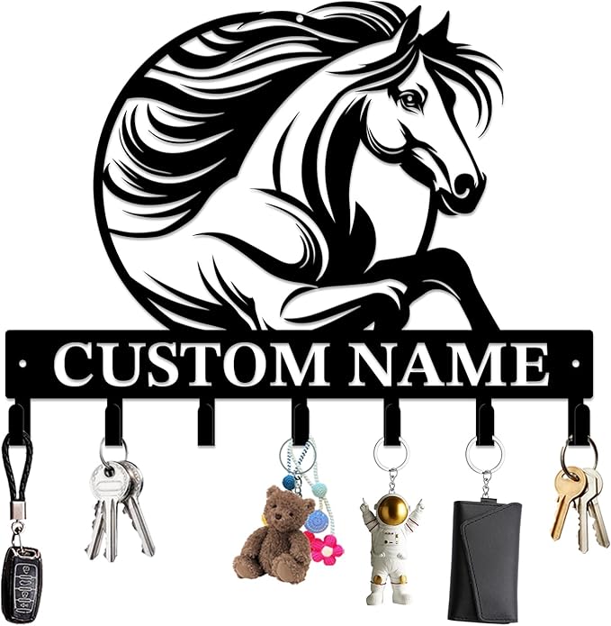 Personalized Custom Name Farm Horse Wall Key Hooks,Metal Horse Art Clothes Hooks,Metal Horse Wall Home Storage Decorative,For Front Door, Hallway, Kitchen, Bedroom,Keys,Hats (Style J)