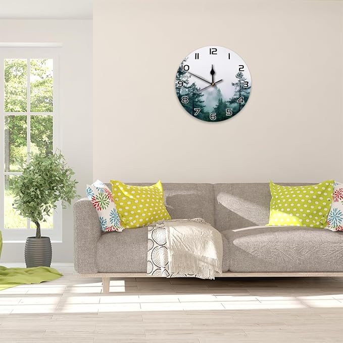 Foggy Pine Tree Forest Wall Clock Battery Operated 10 in Round Wall Clocks Slilent Non Ticking Quartz Analog Clock for Bedroom Kids Living Room Classroom Decor