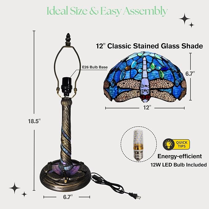 Tiffany-Style Table Lamp, 12" Blue Dragonfly Handmade Stained Glass Lamp Shade, Vintage Reading Light for Bedroom Living Room, LED Bulb Included