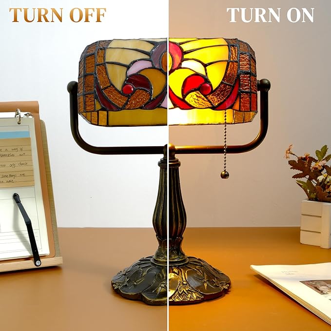 Tiffany Style Bankers Lamp - Stained Glass Desk Lamps with Baroque Design & Pull Chain, Vintage Table Lamp Bankers Desk Light for Office Bedroom Nightstand Living Room LED Bulb Included