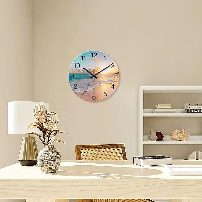 Blue Wall Clock Silent Glass Beach Wall Clock for Living Room Large Wall Clocks Battery Operated 20 Inch