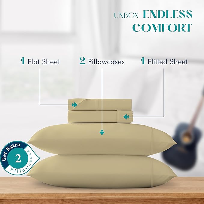 XOOX Linen 100% Egyptian Cotton Queen Sheet Set - Luxury 1200 High Thread Count Egyptian Cotton Sheets Queen Size Bed Set (4 PC, Beige), Silky Soft, Cooling, 17" Deep Pocket Sateen Weave Hotel Bedding