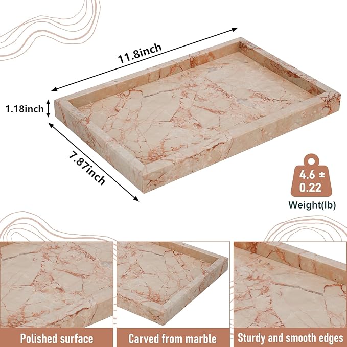 Marble Bathroom Tray,Pure Natural Vanity Tray,Marble Trays for Kitchen Counter Non-Ceramic/Non-Resin,Stone Tray 12 x 8 inch (Pink) ﻿