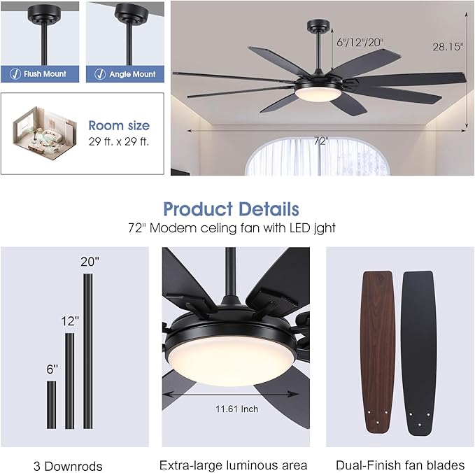 72 Inch Large Ceiling Fans with Lights, Modern Black Ceiling Fans with 8 Wooden Blade, 6 Speeds, Reversible DC Motor, 3 Colors LED Fans Light for Indoor Living Room/Covered Outdoor