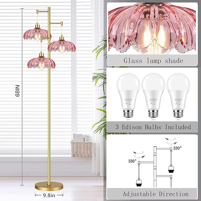 Vintage Floor Lamps for Living Room Bedroom-3 Light Glass Floor Lamp with Three Led Bulb, Modern Mid Century Standing Lamp Brass Tall Lamp Gold Tree Floor Lamp for Bedroom Corner