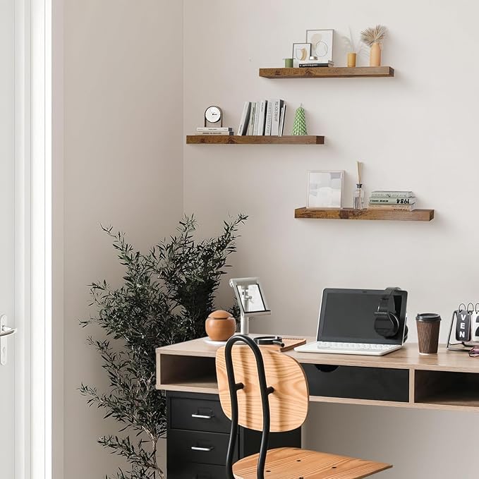 Floating Shelves for Wall Set of 3, 24in Hanging Shelf for Books, Storage, Room Decor, Rustic Wood Wall Mounted Shelves for Bathroom, Toilet, Bedroom, Living Room, Kitchen, Office, Rustic Brown