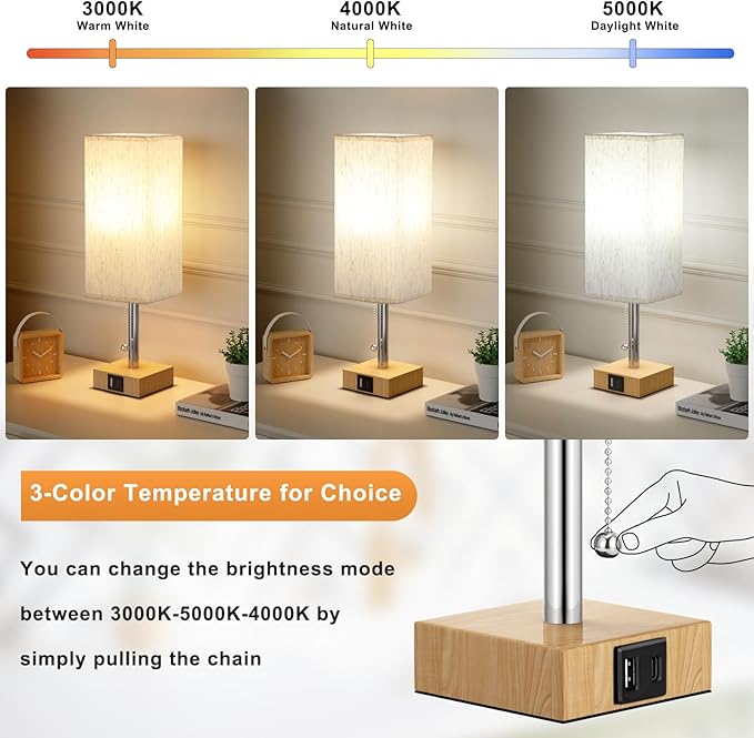 aooshine Wood Grain Bedside Table Lamps Set of 2 - Bedroom Lamps with 3 Color Temperatures (3000K/5000K/4000K), Square Nightstand Lamp with USB C + A Charging Ports