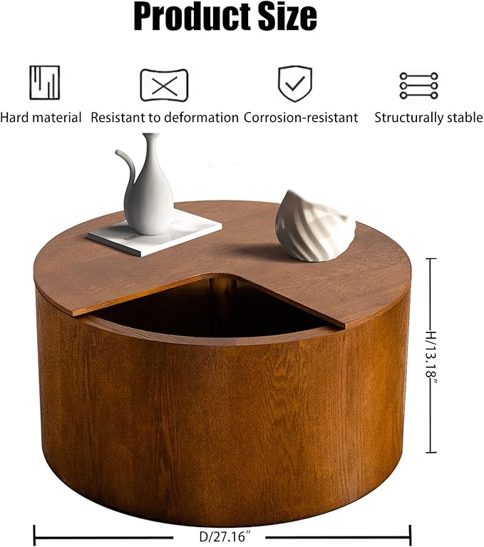 Mid - Century Modern Round Drum Coffee Table with 360° Rotating Desktop & Storage, 27.16" Walnut Small Center Table for Living Room & Home Small Spaces (Walnut 27.16)