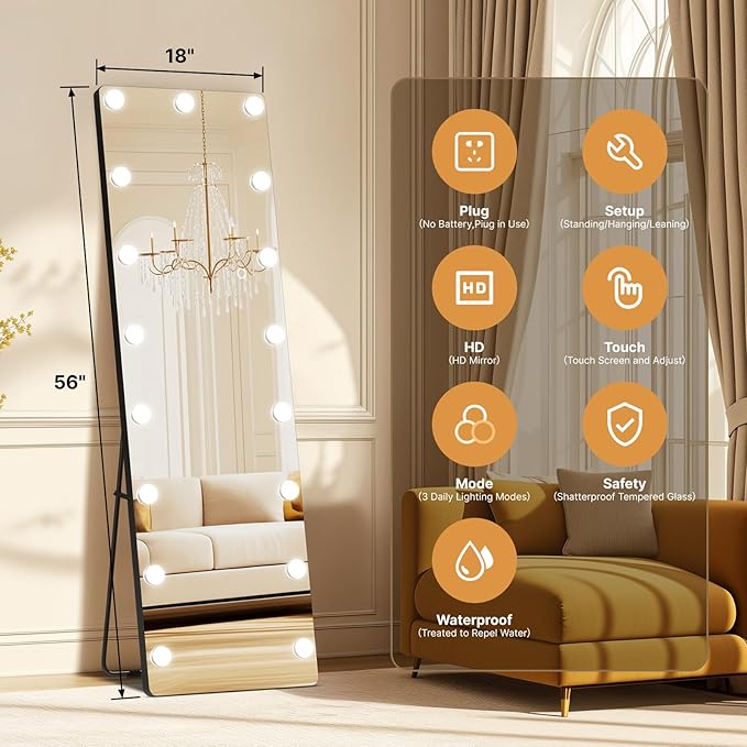 Kosmonia 56x18 Hollywood Full Length Mirror with Light, 17 Dimmable Bulbs & 3 Color Smart Touch Control, Distortion Free, Tempered Glass & Shatter Proof Film, Safe Full Body Mirrors with Stand