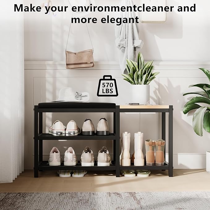 Shoe Bench,Shoe Organizer，Holds Up to 570 lb，12 x 30.7 x 17.3Inches，3-Tier Shoe Storage Bench,Entryway Bench with Cushioned Seats,for Shoe Rack in The Bathroom,Entryway,Bedroom,Living Room