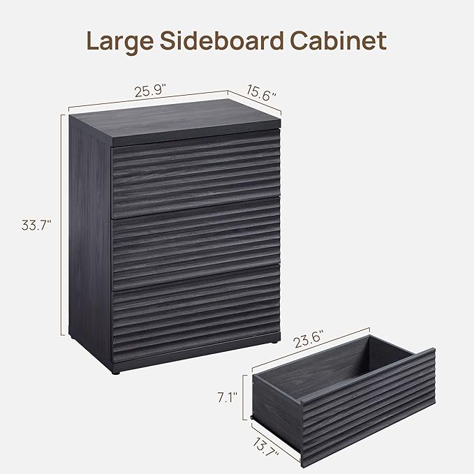 SICOTAS Sideboard Buffet Cabinet with Storage, Modern Credenza Storage Cabinet with 3 Larger Drawers, Fluted Media Console Mid Century Coffee Bar Table for Dining Room, Hallway, Dark Grey Alder