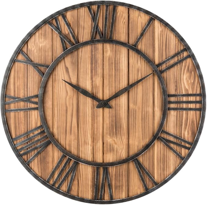 Oldtown Farmhouse Metal & Solid Wood Noiseless Wall Clock (Wood, 36-inch)