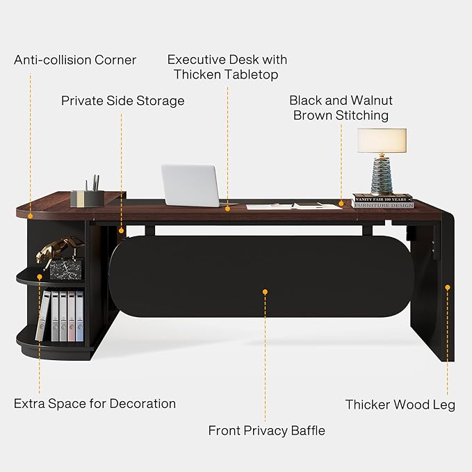 Tribesigns 80'' L-Shaped Desk, Large Executive Office Desk with 55'' Drawers Cabinet, Modern Computer Table with Storage Shelves, Business Furniture for Home Office, Walnut & Black