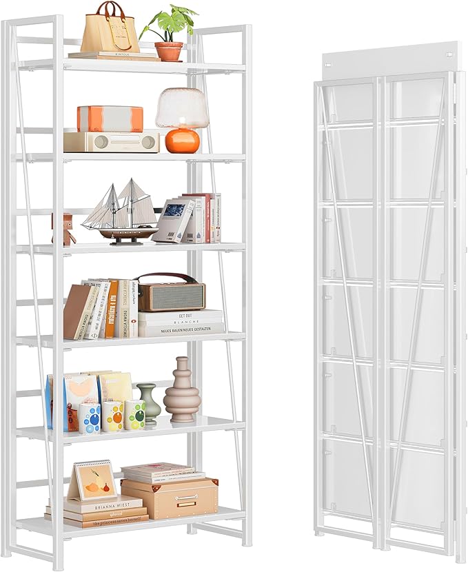 4NM No Assembly Folding Bookshelf, 6-Shelf 74" H Collapsible Foldable Bookcase Storage for Small Spaces, All White