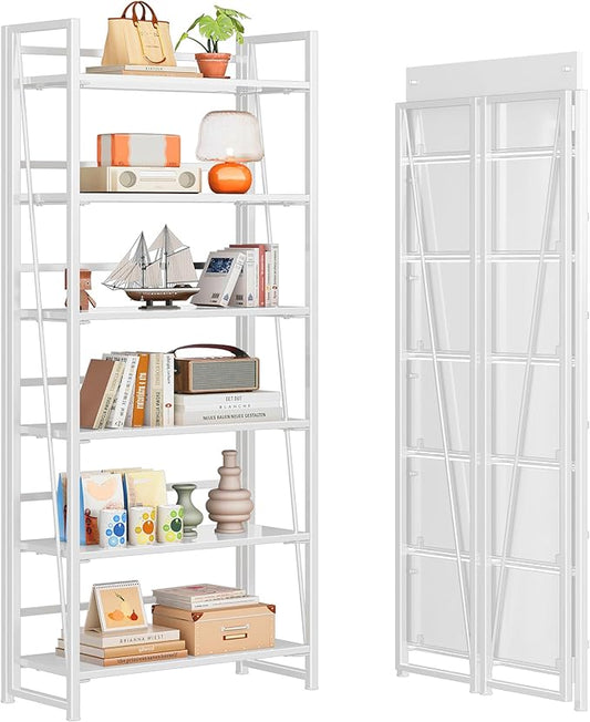 4NM No Assembly Folding Bookshelf, 6-Shelf 74" H Collapsible Foldable Bookcase Storage for Small Spaces, All White