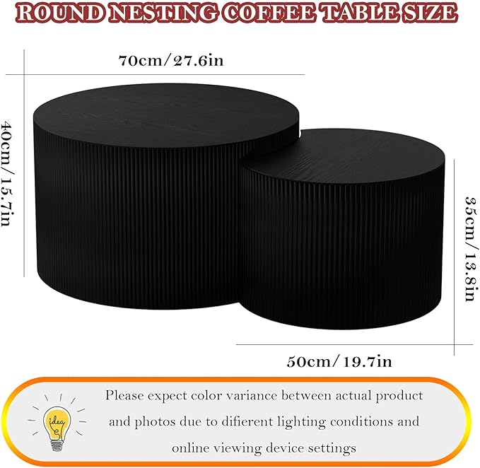 Nesting Coffee Table with Non-Slip Mat Vertical Stripe Design Round Fluted Side Table Set of 2 - No Assembly Required for Living Room Bedroom Balcony Yard (I-27.6+19.7in)