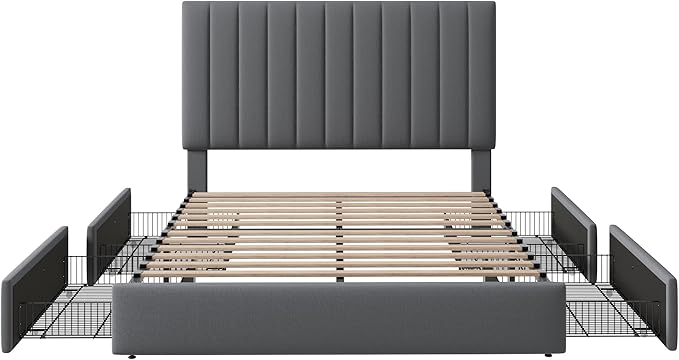 Allewie Full Size Storage Bed Frame, Vertical Channel Tufted Adjustable Headboard, Velvet Upholstered Platform Bed with 4 Oversized Underbed Drawers, Wooden Slats Support, No Box Spring Needed, Grey