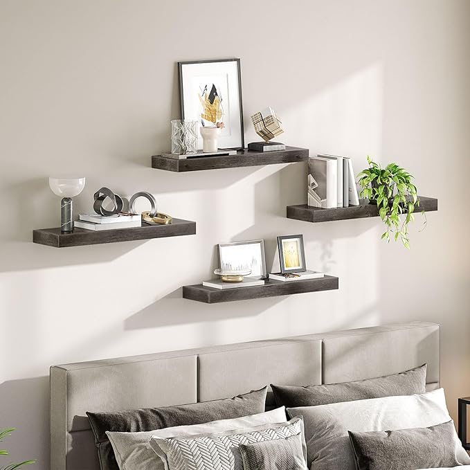 HOOBRO Floating Shelves for Wall, Wall Mounted Shelf Set of 2, 23.6" Hanging Shelf with Invisible Brackets, for Wall in Bathroom, Bedroom, Toilet, Kitchen, Living Room, Office, Charcoal Gray BC60BJ01