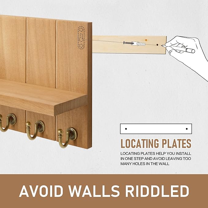 Rebee Vision Decorative Key Holder for Wall Shelf - Farmhouse Wood Wall Hanging Mail Organizer with 7 Sturdy Key Hooks for Home Entryway Decor - Stylish Key Racks (Light Brown)