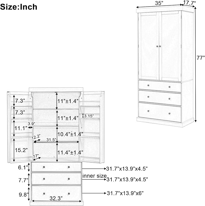 Merax 77" Tall Kitchen Storage Cabinet Pantry Wood Freestanding Large Cupboard with 3 Drawers,3 Adjustable Shelves,8 Door-Shelf for Dining Room,Grey