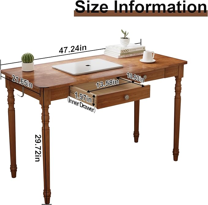 Solid Wood Desk with Drawers - 48 Inch Writing Desk with Drawers, Mid Century Modern Desk with 2 Hooks, Rubber Wood Study Table for Bedroom, Living Room & Office, Walnut Color
