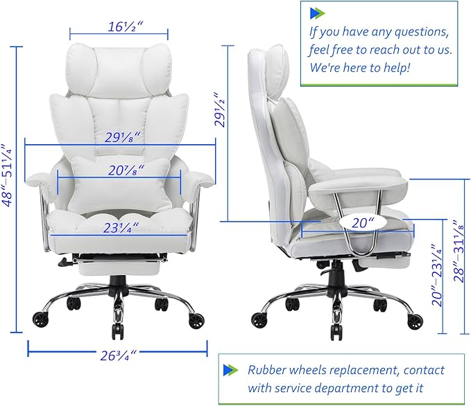 Efomao Big and Tall Office Chair 400lbs – PU Leather Executive Office Chair with Lumbar Support & Leg Rest, Heavy-Duty Computer Chair for Home Office, White