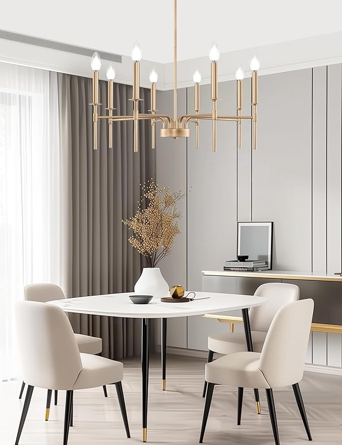 DORESshop Modern Chandelier for Dining Room, 8-Light 26.8" Gold Modern Chandelier for Dining Room, Adjustable Height Light Fixtures Over Table for Bedroom Kitchen Island Living Room